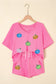 Pink Sequin Halloween Pumpkin Pattern V-Neck Tee and Drawstring Shorts Set