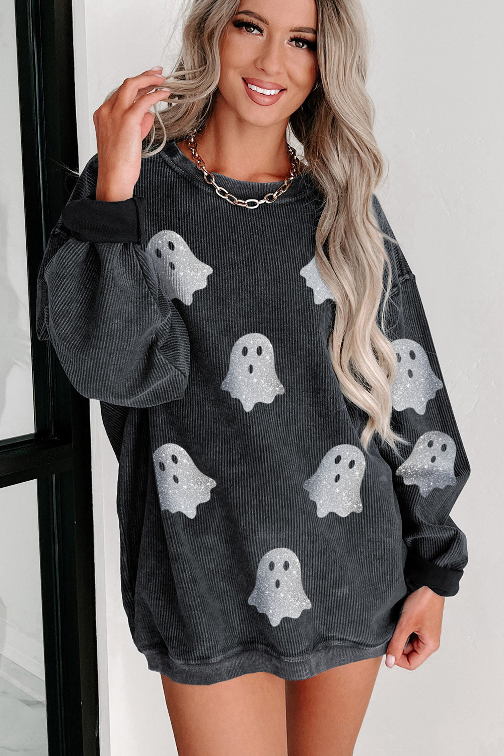 Gray Halloween Ghost Corded Crew Neck Loose Sweatshirt