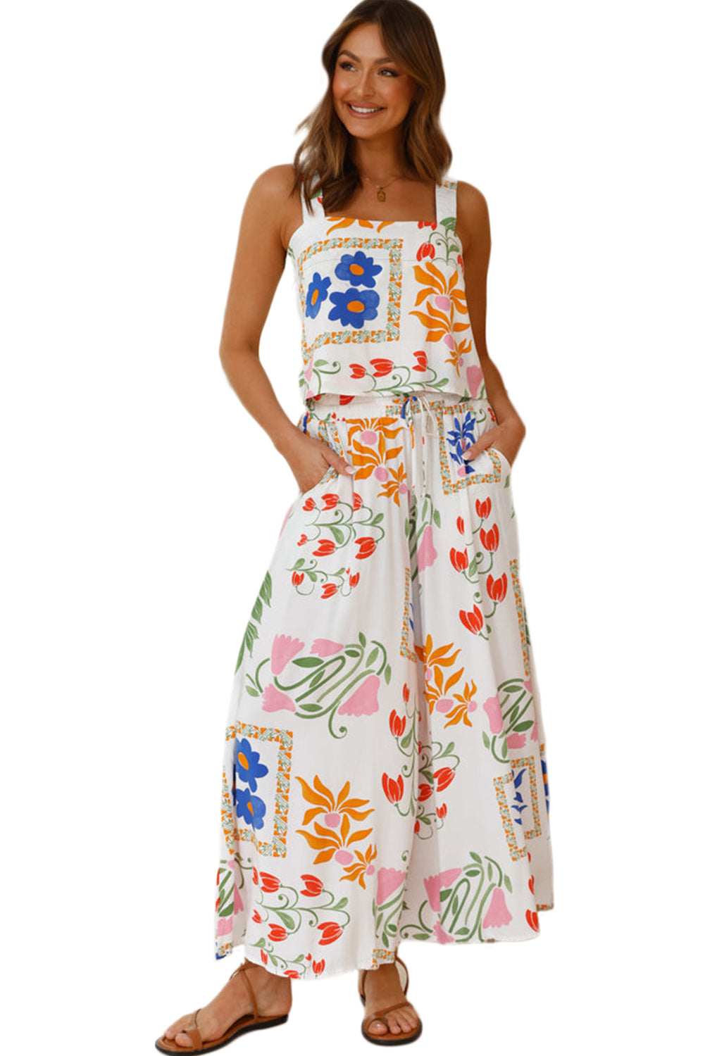 White Square Neck Tank & Wide Leg Pants Boho Floral Set