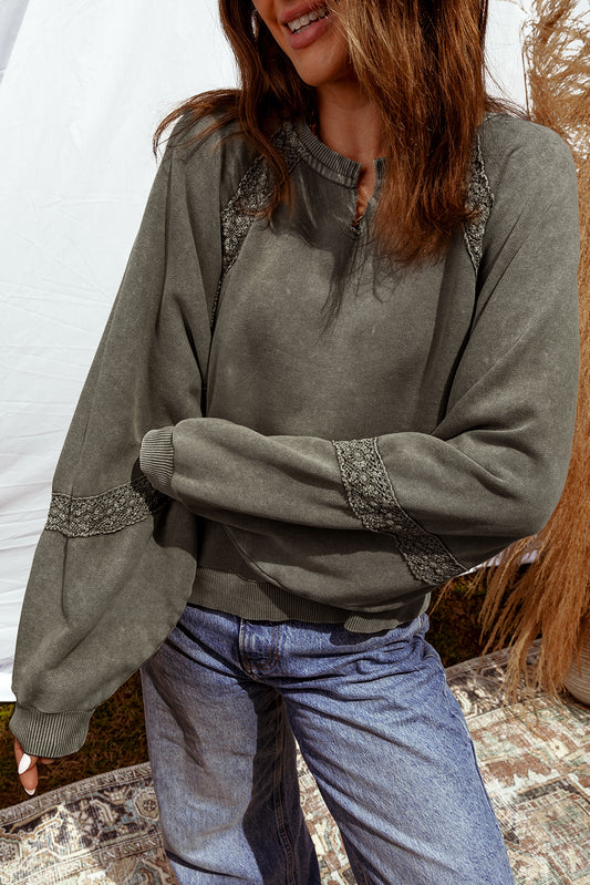 Lace Patchwork Detail Notched Neck Mineral Wash Baggy Sweatshirt