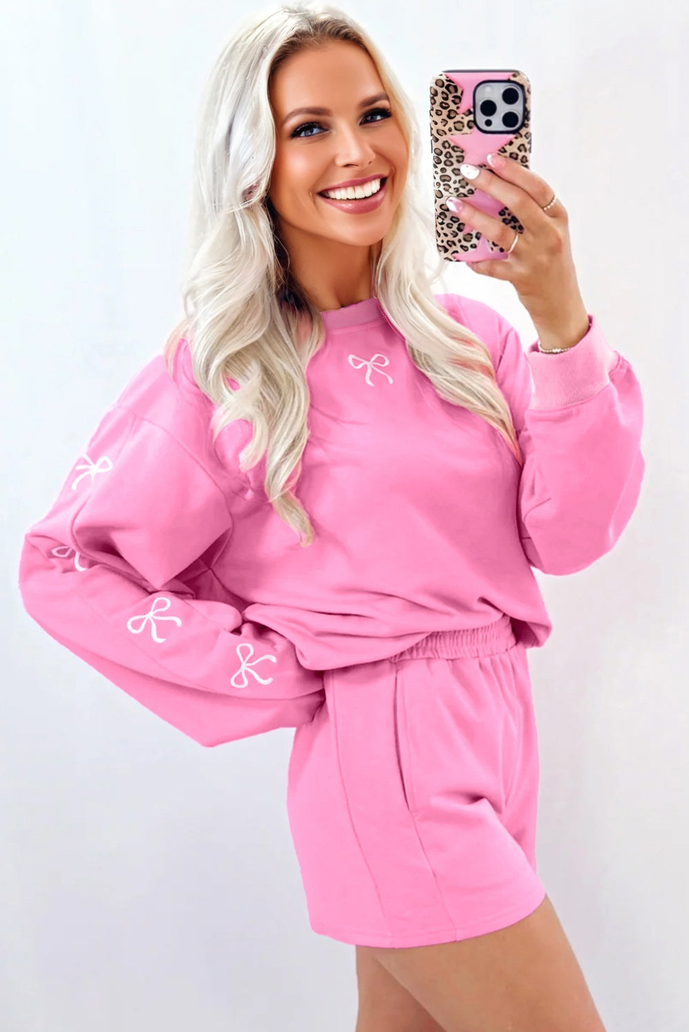 Pink Girly Bow Embroidered Detail Puff Sleeve Pullover Two Piece Short Set