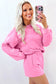 Pink Girly Bow Embroidered Detail Puff Sleeve Pullover Two Piece Short Set