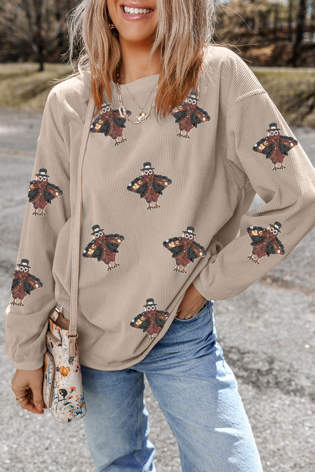 Twisted Ribbed Turkey Graphic Sequins Patch Thanksgiving Baggy Sweatshirt