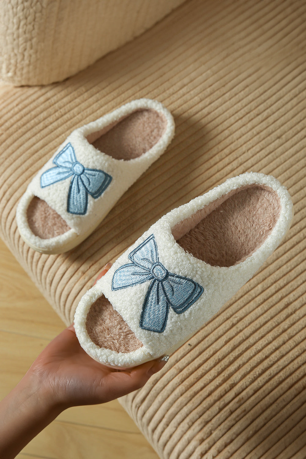 Fuzzy Embroidered Bow Open-Toe Slippers – Soft, Sweet & Cozy