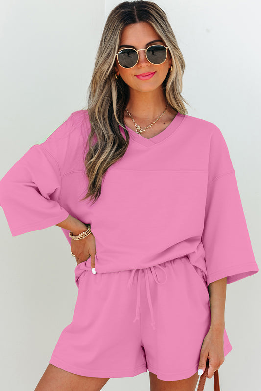 Pink Solid Loose V Neck Half Sleeve Tee and Shorts