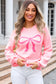 Pink Bow Print Drop Sleeve Knit Sweater