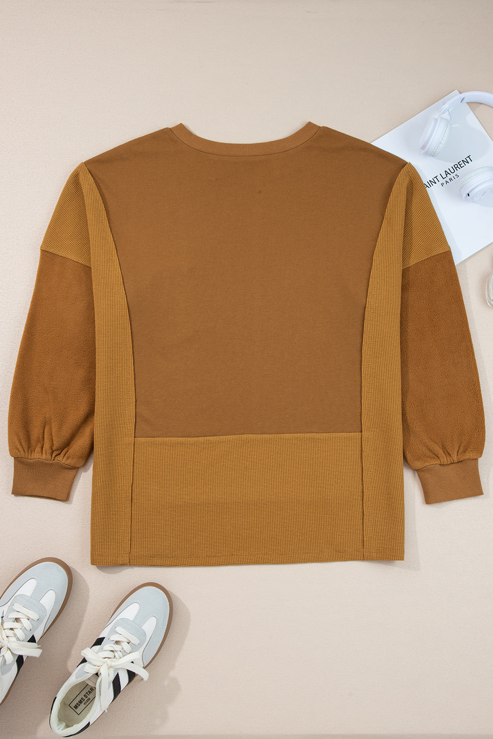 Oversized Mixed Textured Split Neck High Low Patchwork Sweatshirt