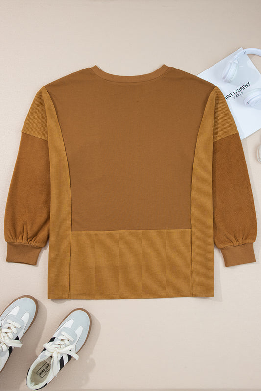 Oversized Mixed Textured Split Neck High Low Patchwork Sweatshirt