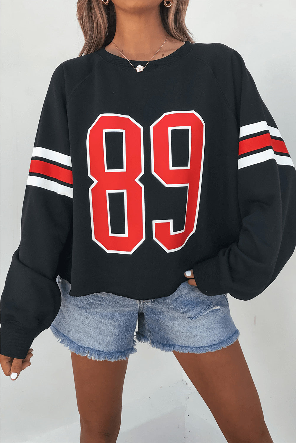 Black Varsity Spirit Striped 89 Graphic Casual Gameday Sweatshirt