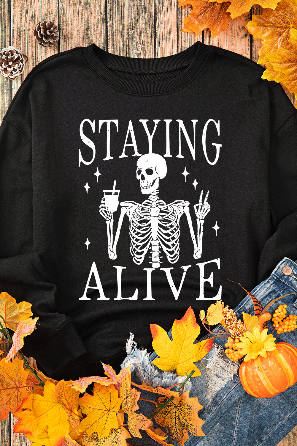 Black STAYING ALIVE Skull Graphic Crewneck Halloween Sweatshirt