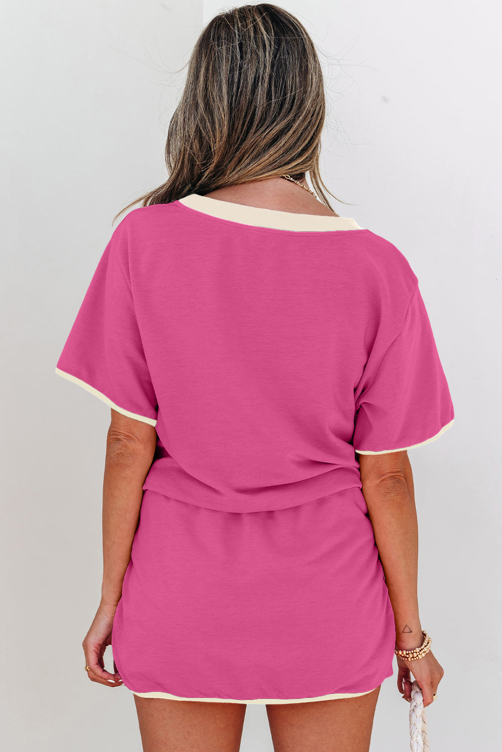 Rose Red Colorblock Edge Drop Shoulder T-Shirt and Skort Two Piece Set