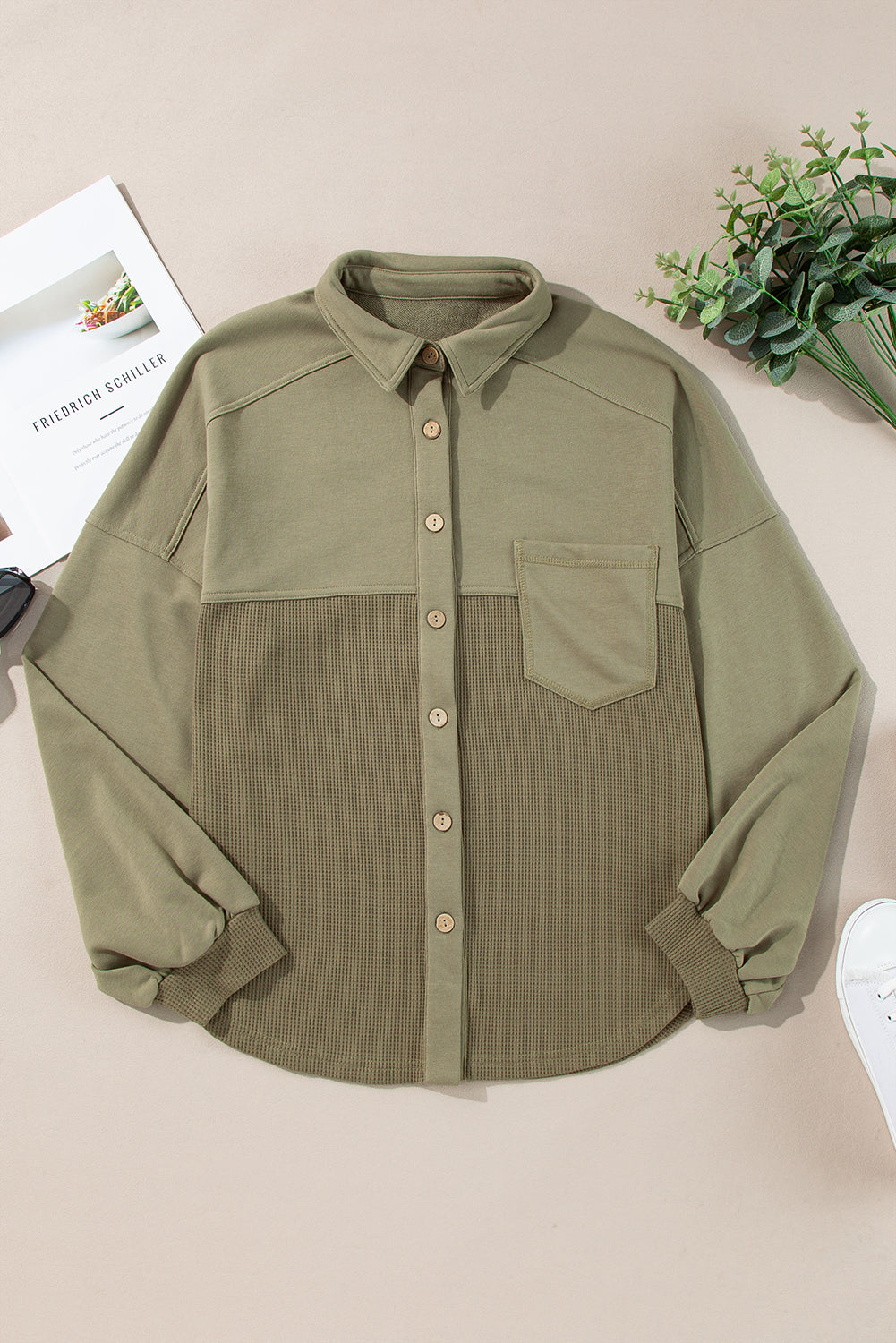 Moss Green Waffle Knit Patchwork Buttoned Oversized Shacket