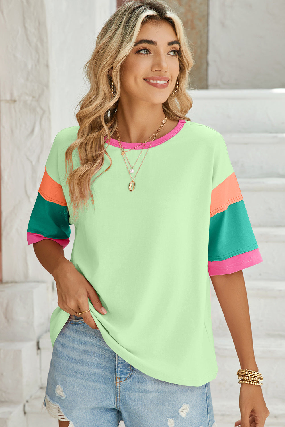 Pink Color Block Sleeve Round Neck Oversize Top