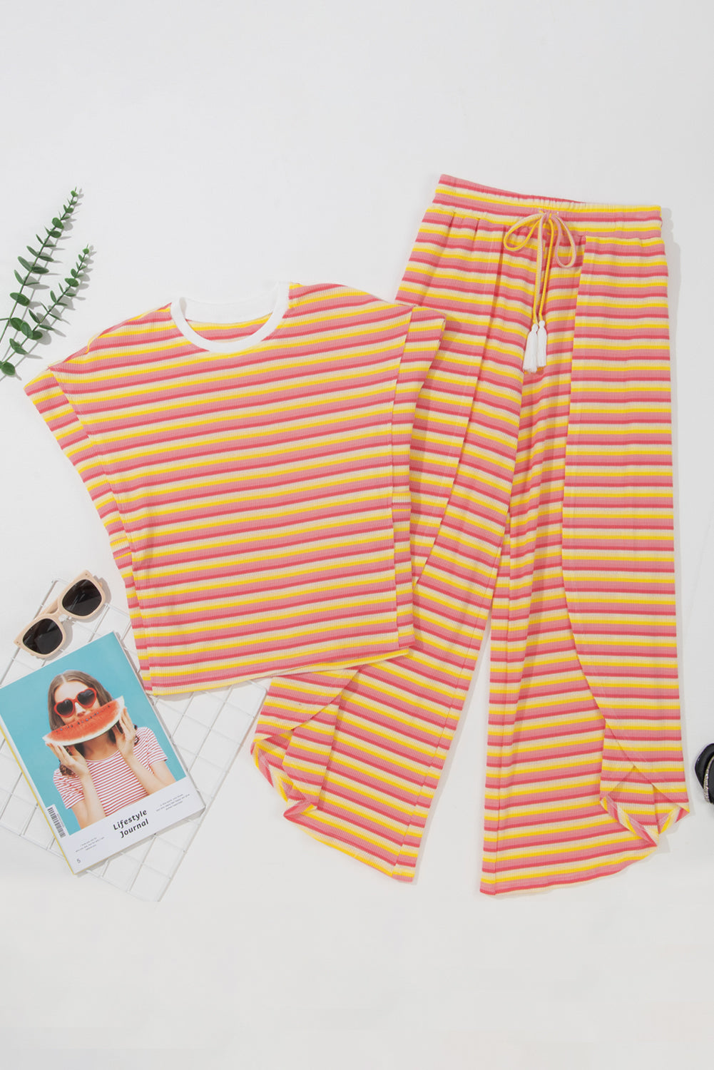 Stripe Rainbow Tee Tasseled String Wide Leg Pants Set