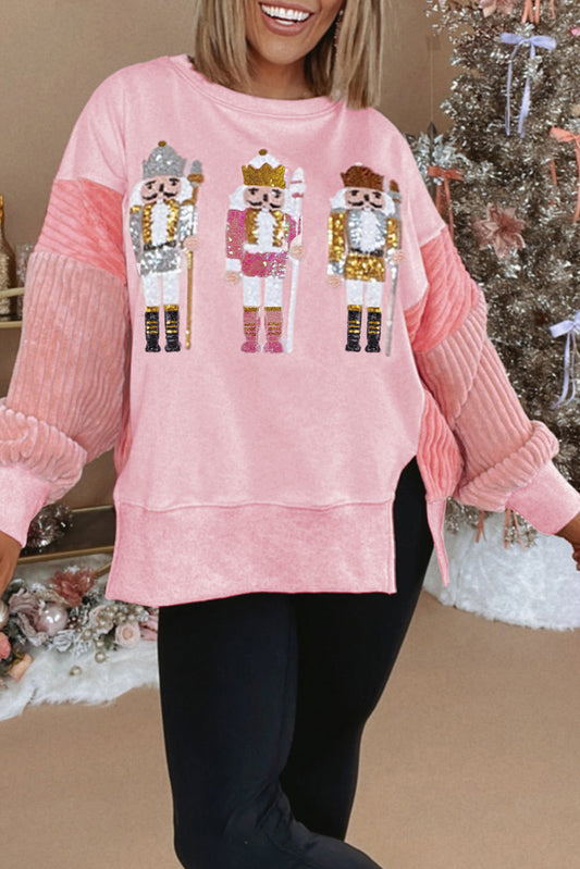 Light Pink Sequin Nutcracker Textured Sleeve Patchwork Sweatshirt