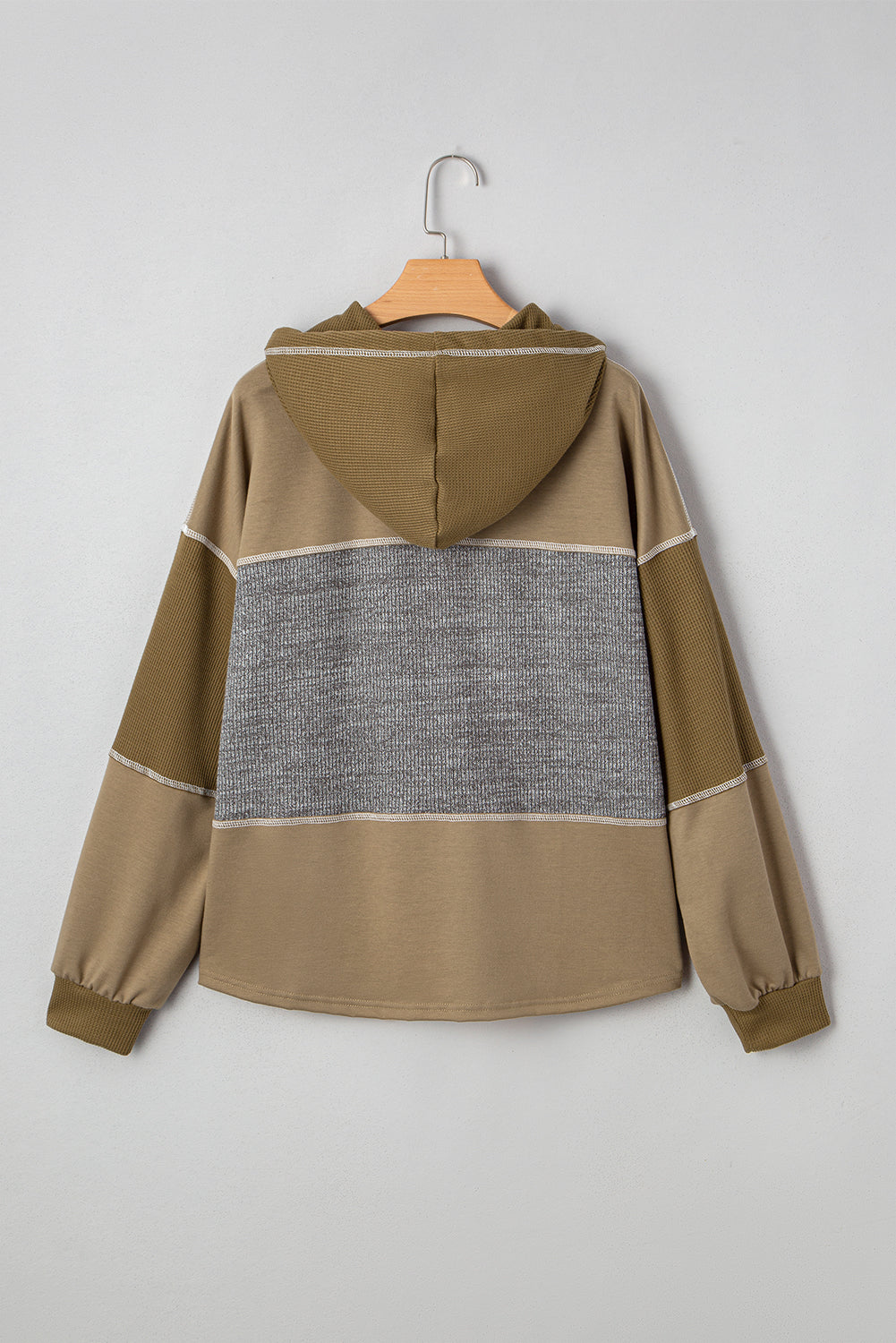 Green Mixed Texture Patchwork Exposed Seam Half Button Pullover Hooded Sweatshirt