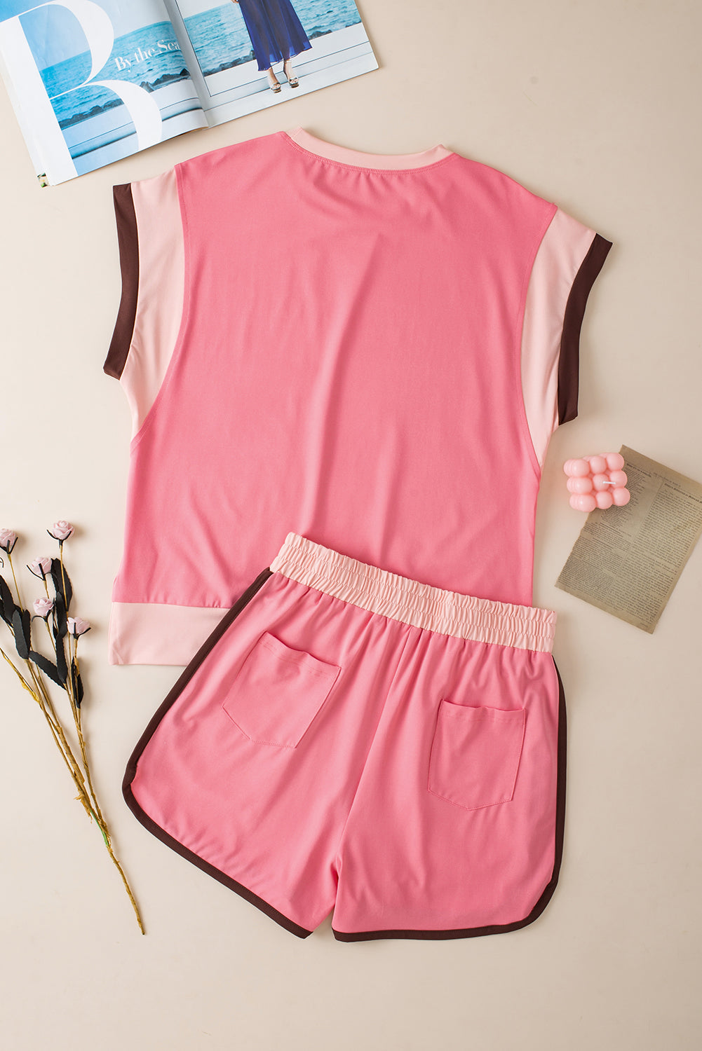Peach Blossom Contrast Trim Cap Sleeve Tee And Shorts Set