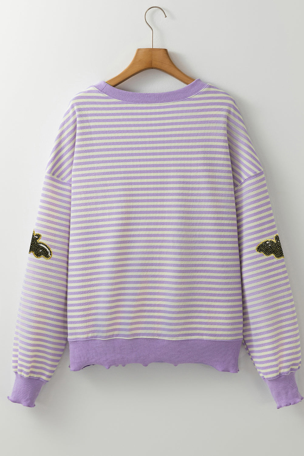 Purple Stripe Sequin Halloween Bat Patched Drop Shoulder Long Sleeve Top