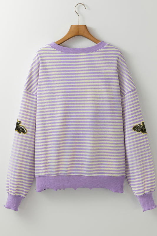 Purple Stripe Sequin Halloween Bat Patched Drop Shoulder Long Sleeve Top
