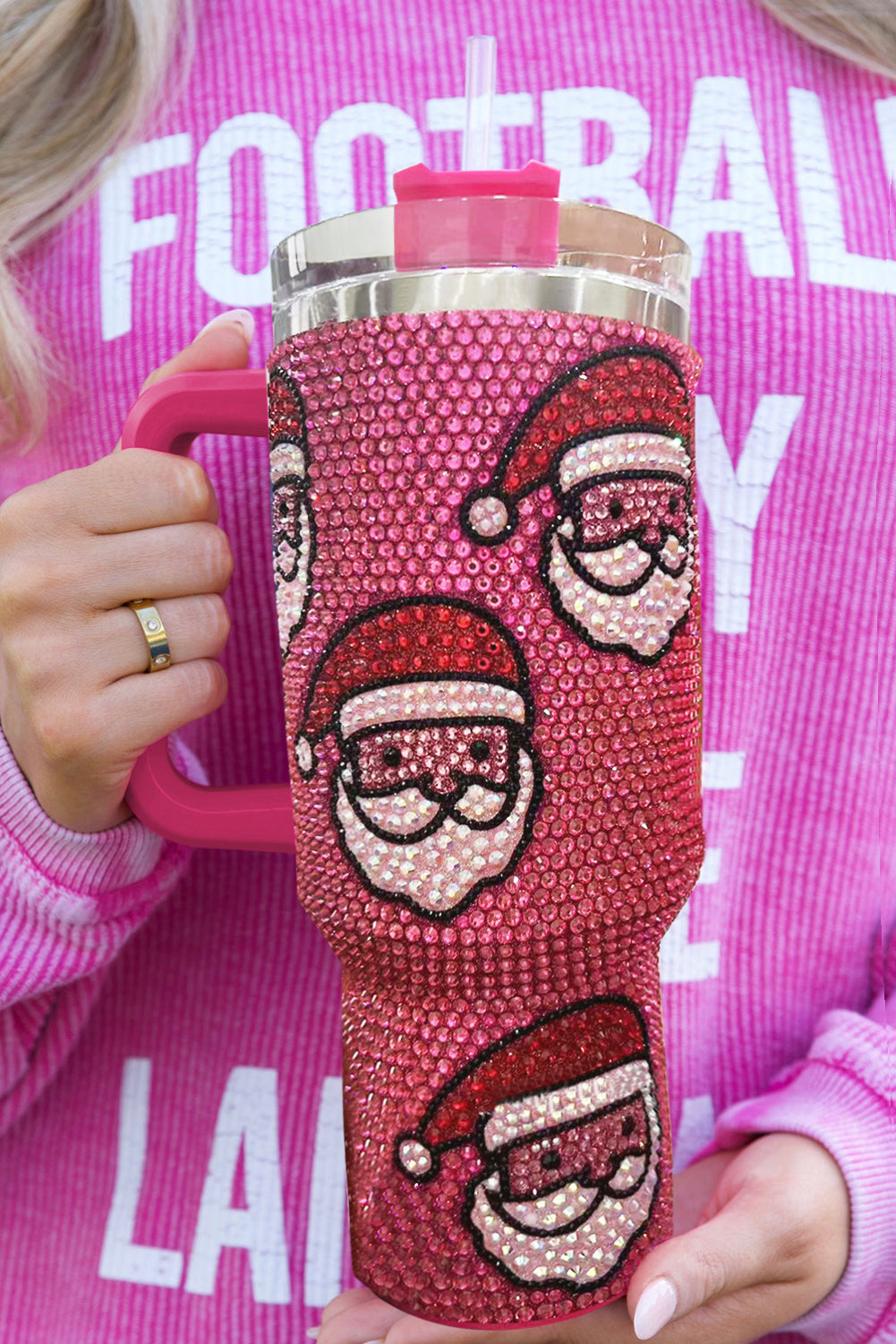 Pink Christmas Santa Claus Diamond 40oz Tumbler Cup with Straw