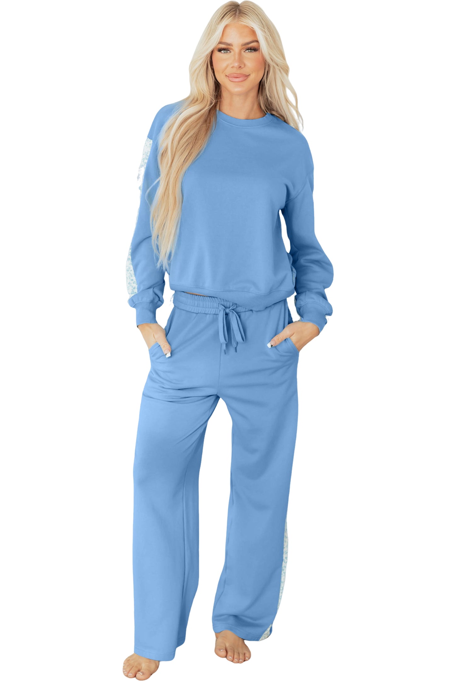 Blue Floral Patchwork Drop Shoulder Pullover and Sweatpants Lounge Set
