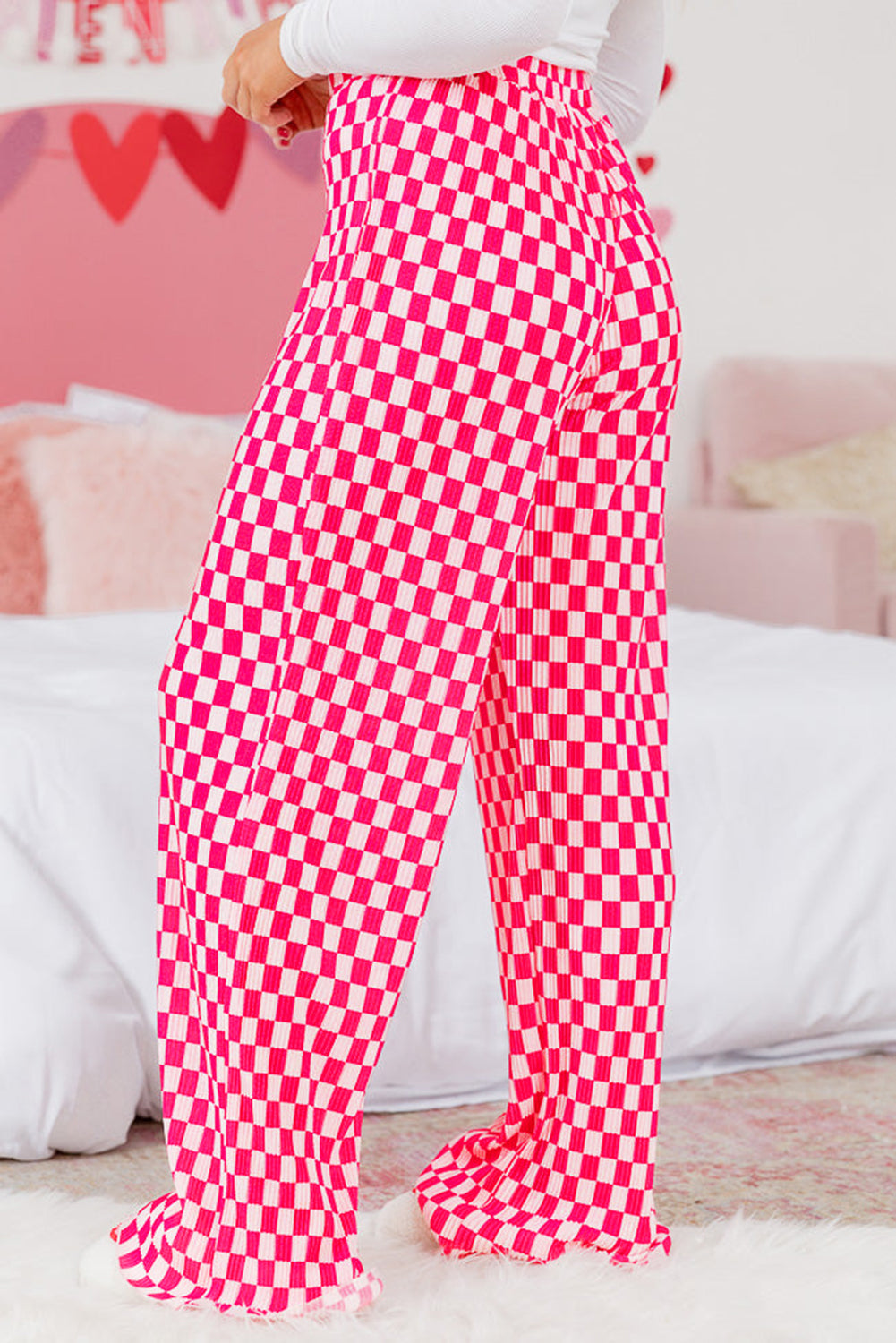 Pink Checkered Buttoned Shirt and High Waist Pants Set