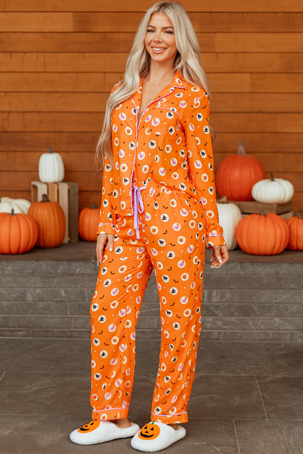Orange Halloween Print Lapel Shirt and Pants Pajama Set