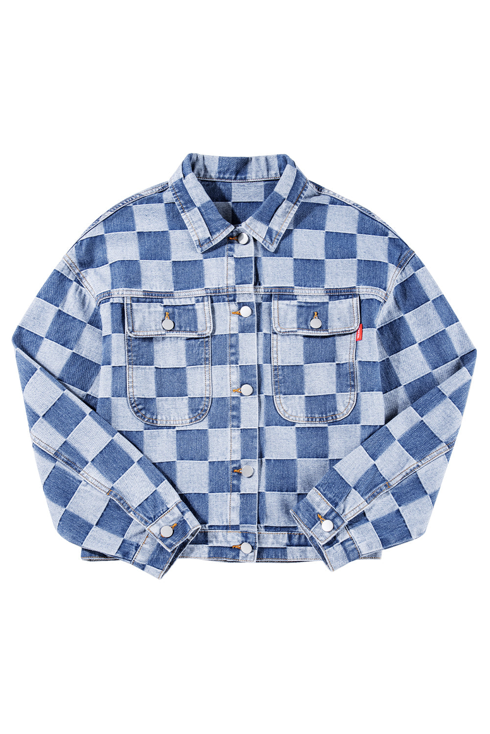 Black Checkered Patchwork Button Up Denim Jacket