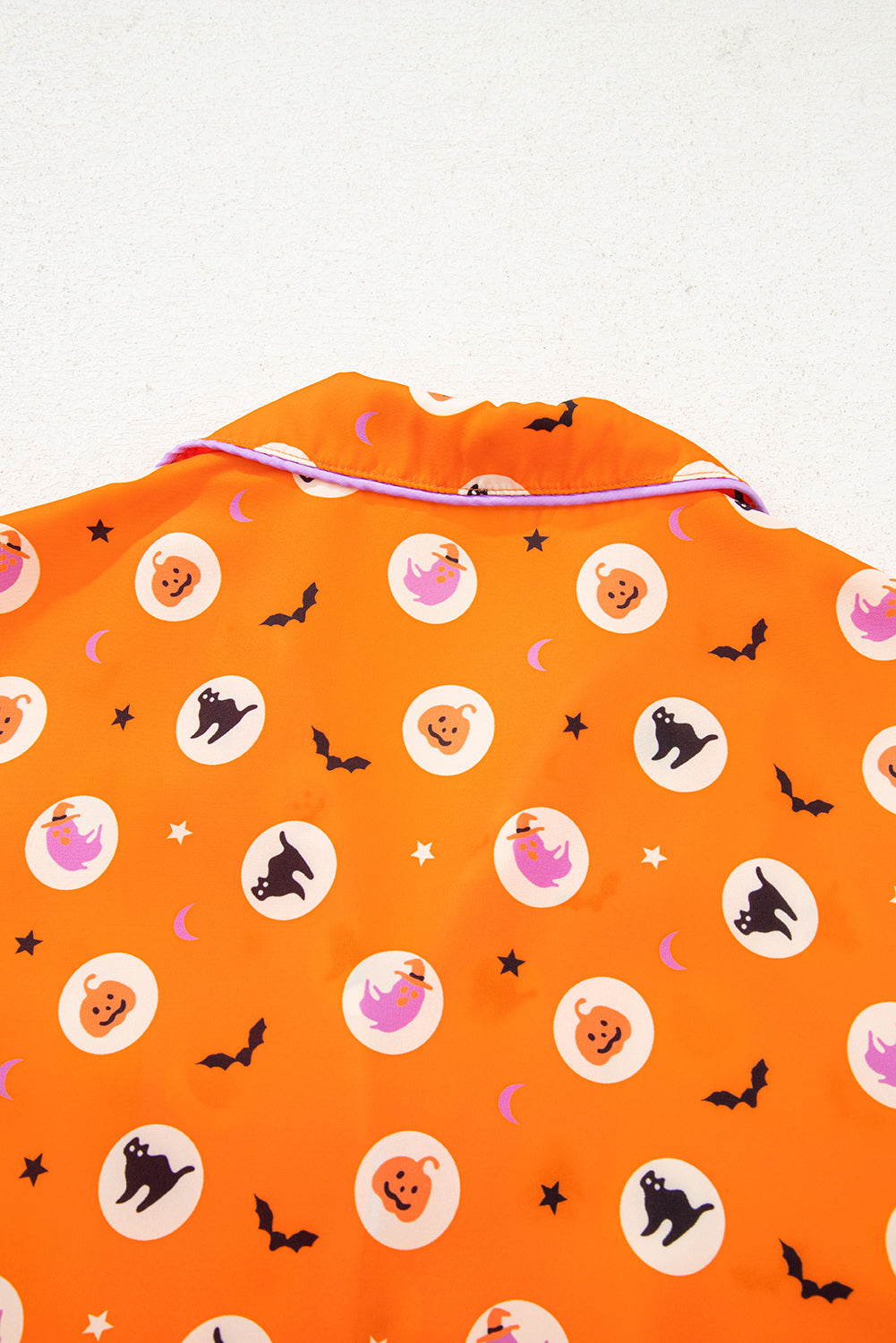 Orange Halloween Print Lapel Shirt and Pants Pajama Set