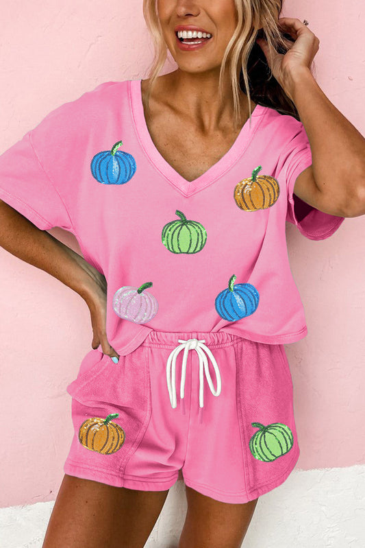 Pink Sequin Halloween Pumpkin Pattern V-Neck Tee and Drawstring Shorts Set