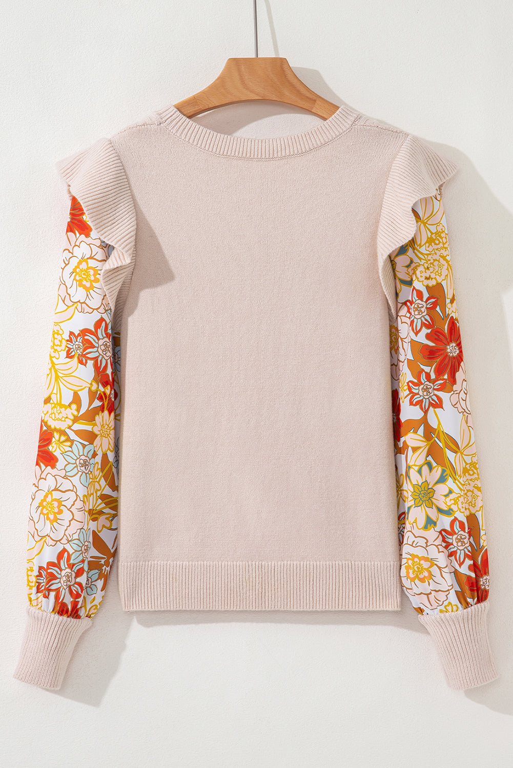 Cable Knit Ruffle Detail Contrast Floral Sleeve Patchwork Sweater