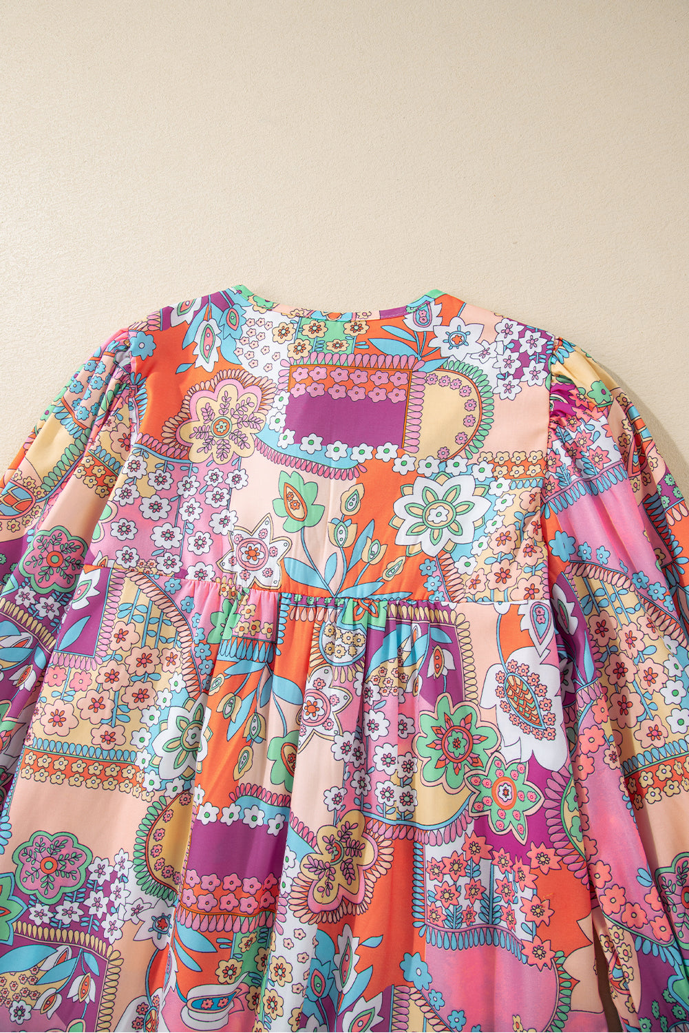 Multicolour Boho Floral Tie V Neck Pleated Blouse