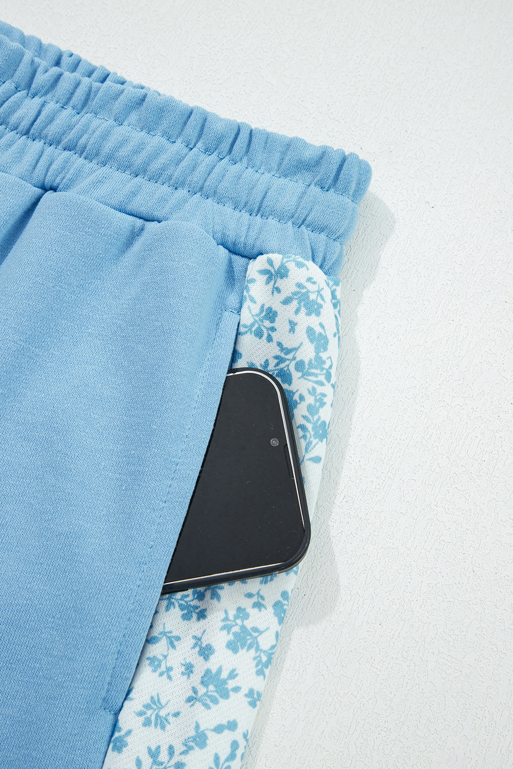 Blue Floral Patchwork Drop Shoulder Pullover and Sweatpants Lounge Set