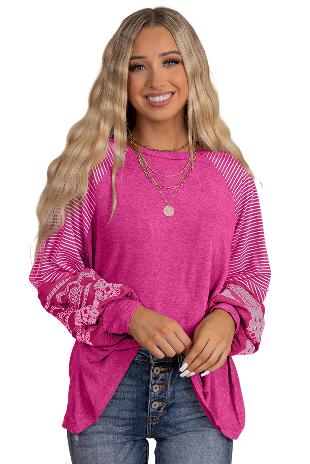 Pink Contrast Print Striped Raglan Long Sleeve Loose Top