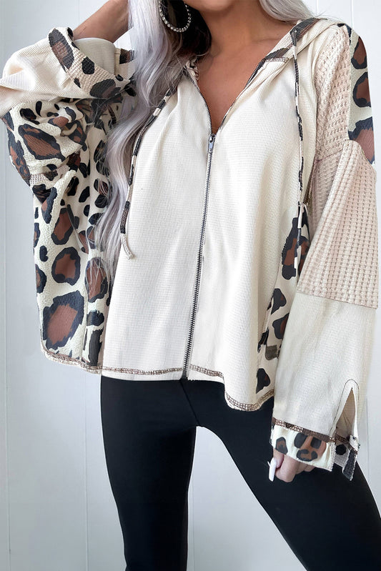 Leopard Mixed Texture Patchwork Zip Up Drop Shoulder Hoodie