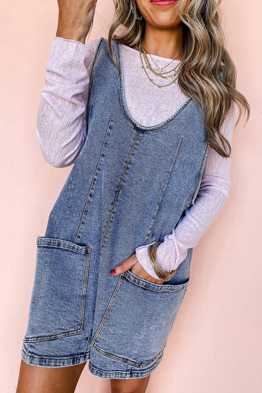 Dusk Blue Sleeveless Denim Romper with U-Neck & Pockets